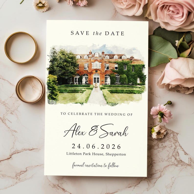 DIGITAL Venue Save the Date Card, E-Invite Watercolour Wedding Save the Dates, Sketch Illustration Painting Drawing