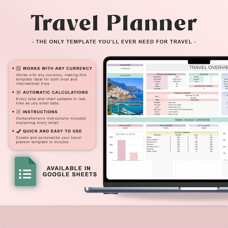 Ultimate Travel Planner Google Sheets Digital Trip Planner Travel Itinerary Budget Spreadsheet Vacation Holiday Organizer Packing checklist