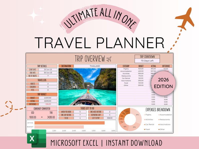 Travel Planner Digital Travel Planner for Travel Itinerary Digital Holiday Planner Holiday Itinerary Travel Organizer Travel Budget Excel