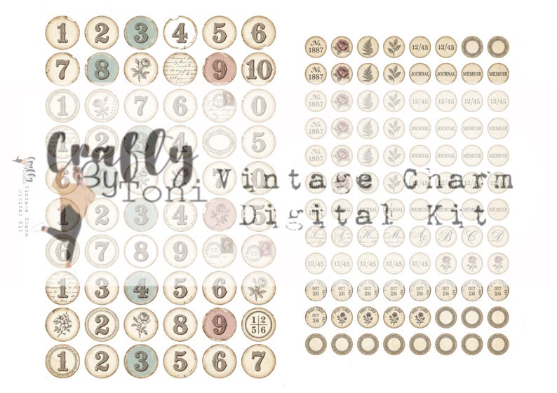 Vintage Charm Ephemera Digital Kit … 4 Printable Pages …Junk Journal Charms, Clusters & Dangles… Instant Download
