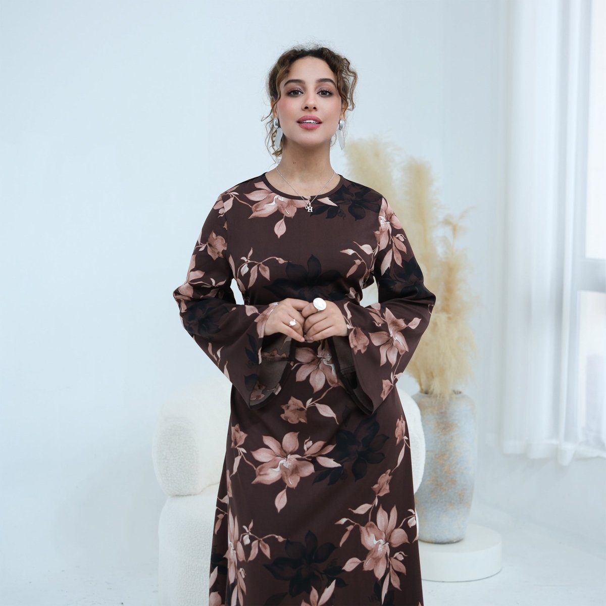 Ink Floral Satin Maxi Dress(MA434)