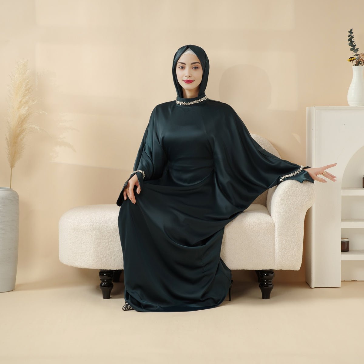 Kaftan Batwing Sleeve Luxury Satin Diamond Abaya 2-Piece Set (MA121)