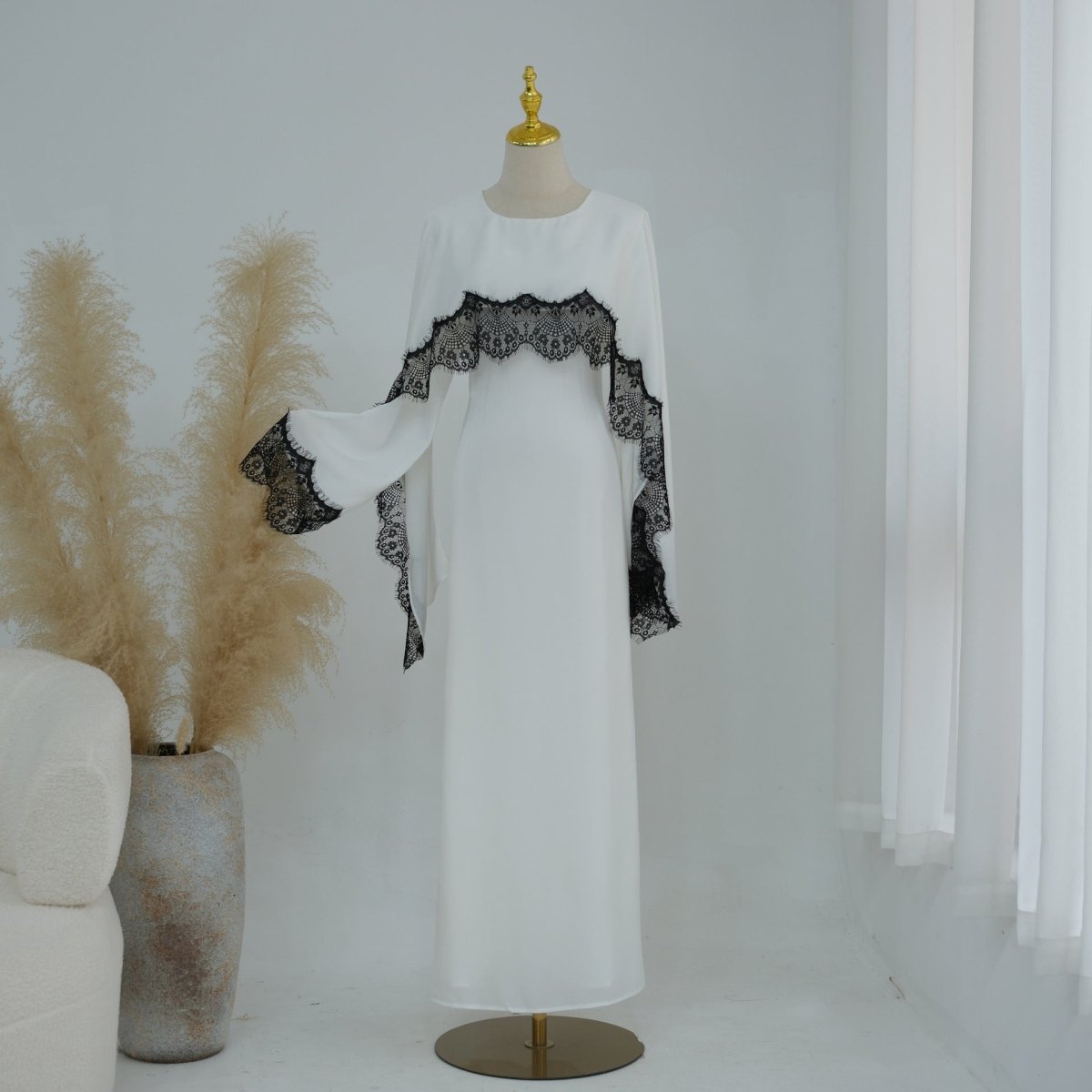Lace Splice Satin Maxi Dress with Fixed Cape(MS438)