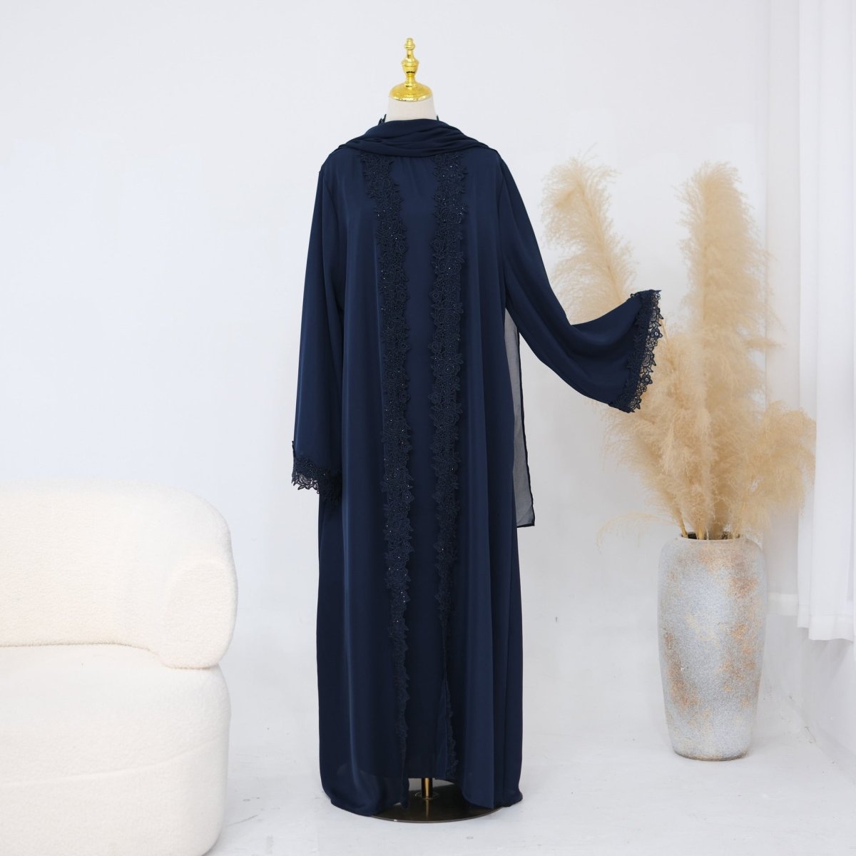Lace-Trim Nida 3-Piece Abaya Set(MOA330)