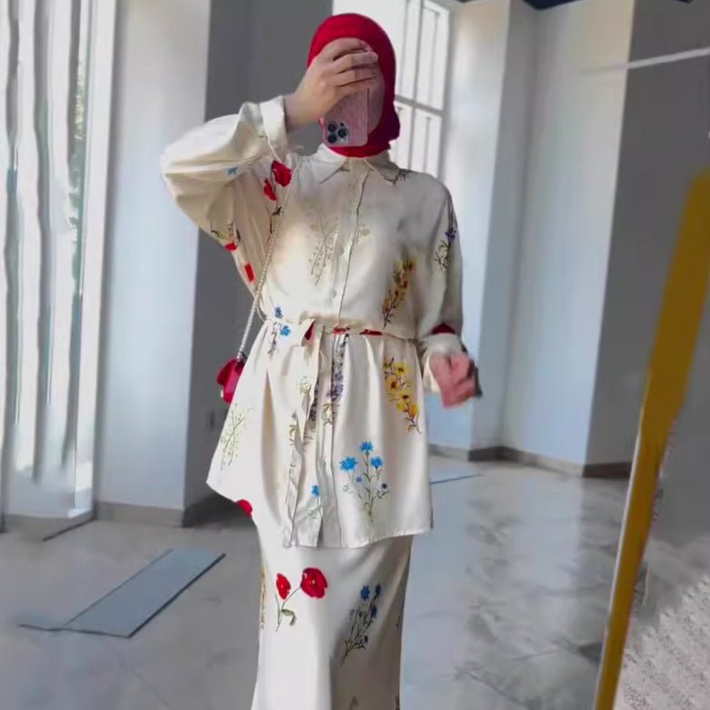 Lace-Up Thin Fashion Flower Print Dress Set(MS082)