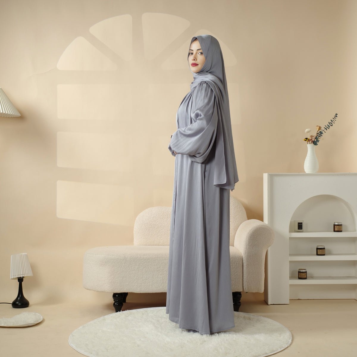 Lantern Sleeve Abaya, 4-Piece Set Large Pleated Sleeves Abaya (MOA084)