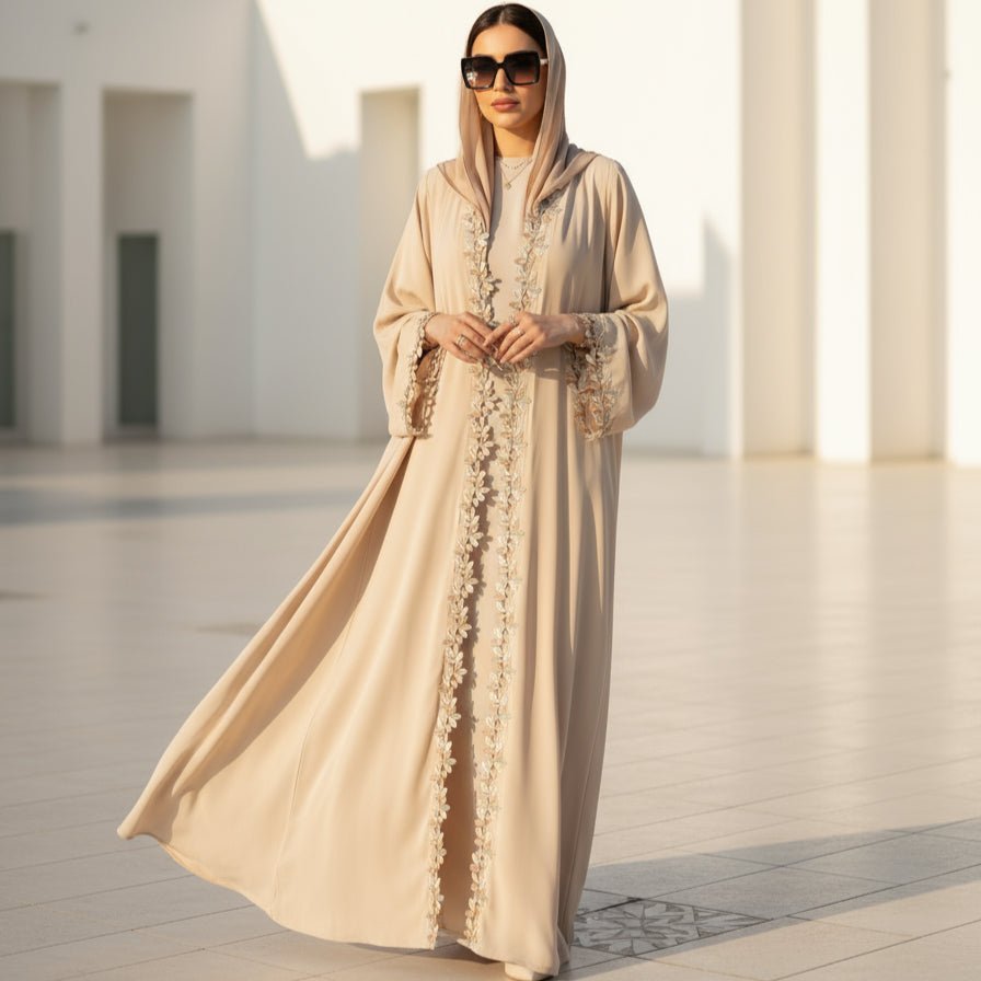 Leaf Lace Trim Abaya | Elegant Embroidered Open-Front Maxi Dress(MOA255)