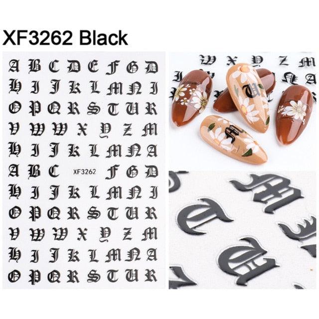 Letter 3D Decals Nail Art Stickers English Old Font Black Number Tattoo Nails Design Water Sliders Manicure Decoration 3D Nail Supplies Holographic Old English Character Nail Self-Adhesive Sticker English Font Design Manicure Decorations Accessories