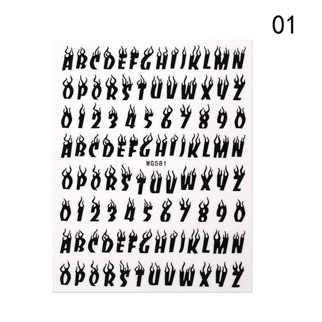 Letter 3D Decals Nail Art Stickers English Old Font Black Number Tattoo Nails Design Water Sliders Manicure Decoration 3D Nail Supplies Holographic Old English Character Nail Self-Adhesive Sticker English Font Design Manicure Decorations Accessories