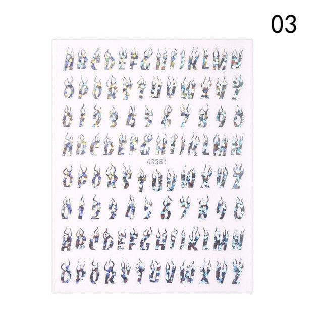 Letter 3D Decals Nail Art Stickers English Old Font Black Number Tattoo Nails Design Water Sliders Manicure Decoration 3D Nail Supplies Holographic Old English Character Nail Self-Adhesive Sticker English Font Design Manicure Decorations Accessories