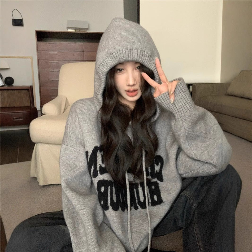 Letter Print Knit Pullover Hooded Sweater Top(MS170)