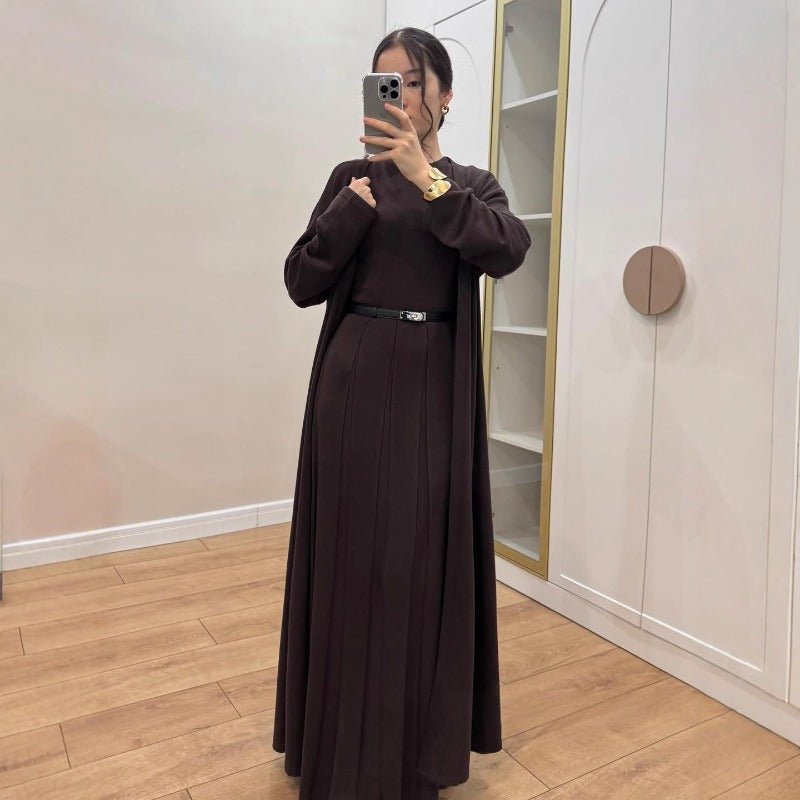 Long Open Cardigan & Pleated Dress Set(MS195)