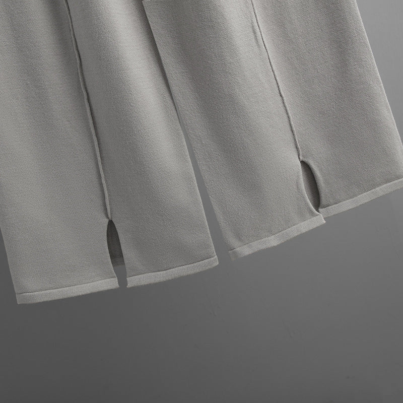 Loose Fit Solid Color Knit Two-Piece Set | Pullover Sweater & Wide Leg Pants with Side Slits(MS143)