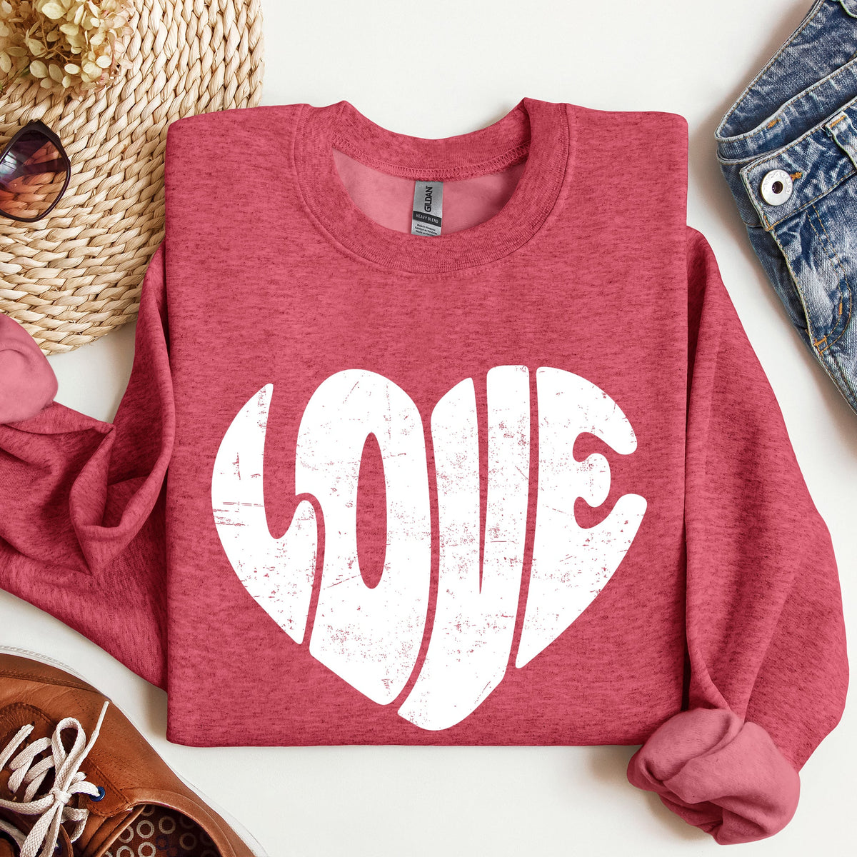 Retro Love Heart Vintage Valentine's Day Sweatshirt Cozy Fleece Warm Winter Classic Everyday Wear