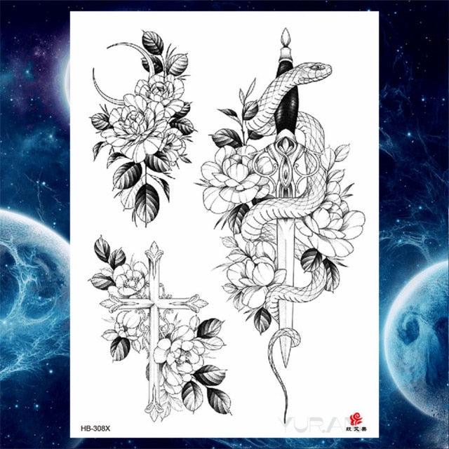 Luxury Big Tattoo Stickers Butterfly Body Arm Leg Tattoos Temporary Black Flower Rose Tattoos For Women's Adults