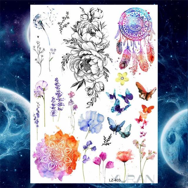Luxury Colorful Flower Lavender Waterproof Temporary Tattoos Animals Arm Chest Tattoo Stickers Elegant Summer Style For Womens Mens