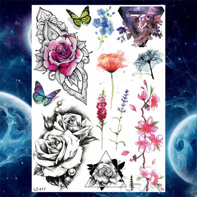 Luxury Colorful Flower Lavender Waterproof Temporary Tattoos Animals Arm Chest Tattoo Stickers Elegant Summer Style For Womens Mens