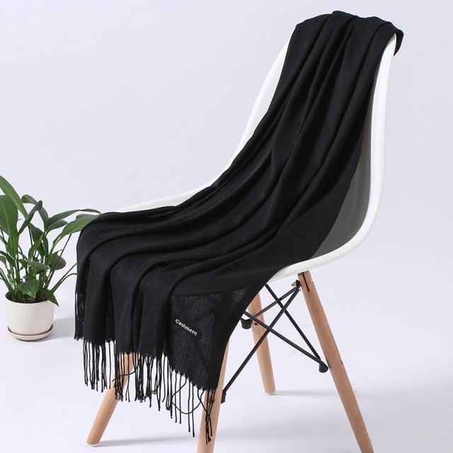 Luxury Fashion Winter Solid Colorful Soft Scarf Hijabs Tassels Long Warm Shawls Hijabs Lightweight Scarfs Scarves Cashmere Elegant Hijabs Scarves Wraps For Women