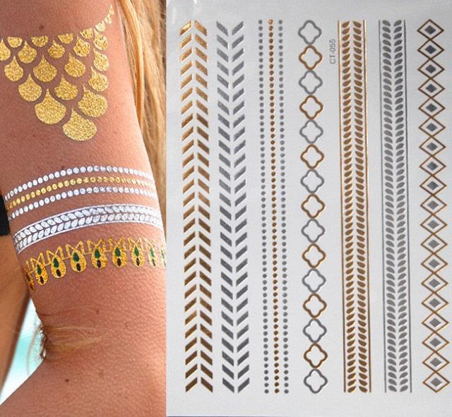Luxury Flash Metallic Waterproof Temporary Tattoo Gold Silver Flower Tattoo Sticker Long Lasting Gold Design For Womens