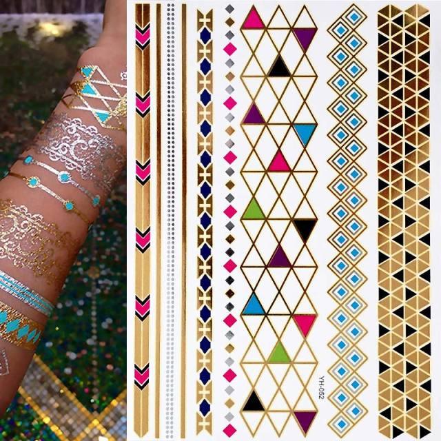 Luxury Flash Metallic Waterproof Temporary Tattoo Gold Silver Flower Tattoo Sticker Long Lasting Gold Design For Womens