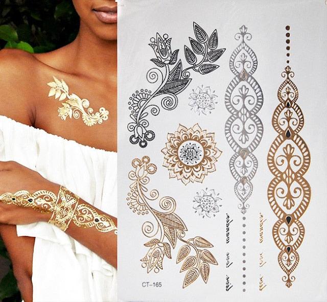Luxury Flash Metallic Waterproof Temporary Tattoo Gold Silver Flower Tattoo Sticker Long Lasting Gold Design For Womens
