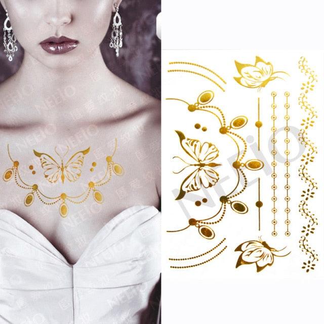 Luxury Flash Metallic Waterproof Temporary Tattoo Gold Silver Flower Tattoo Sticker Long Lasting Gold Design For Womens