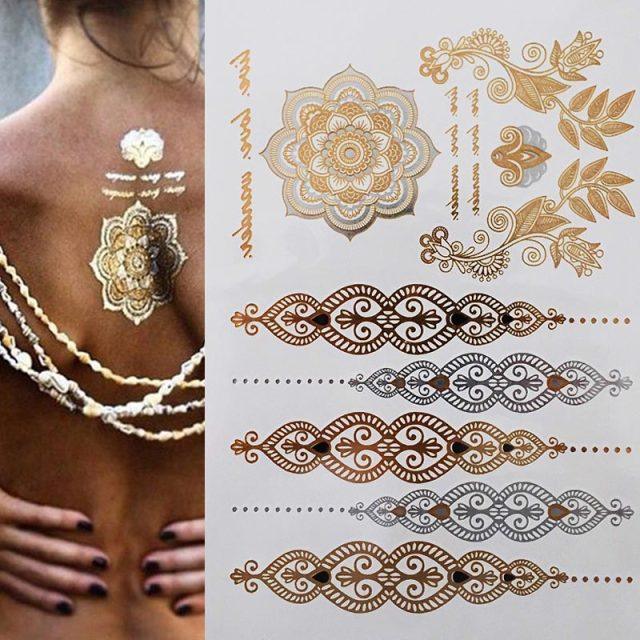 Luxury Flash Metallic Waterproof Temporary Tattoo Gold Silver Flower Tattoo Sticker Long Lasting Gold Design For Womens