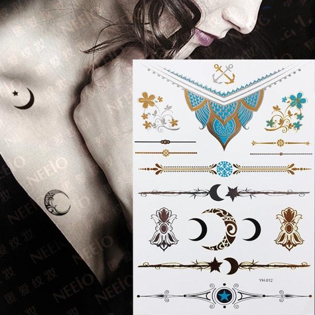 Luxury Flash Metallic Waterproof Temporary Tattoo Gold Silver Flower Tattoo Sticker Long Lasting Gold Design For Womens