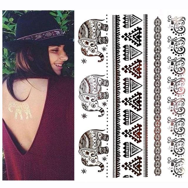 Luxury Flash Metallic Waterproof Temporary Tattoo Gold Silver Flower Tattoo Sticker Long Lasting Gold Design For Womens