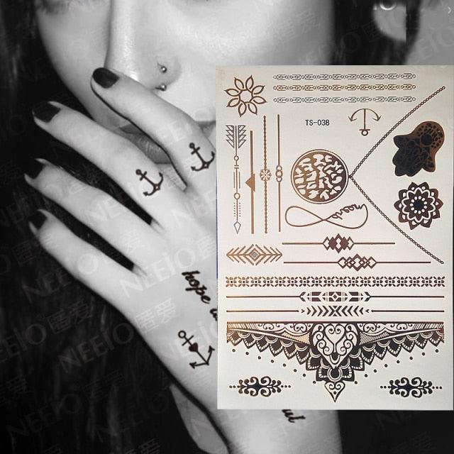 Luxury Flash Metallic Waterproof Temporary Tattoo Gold Silver Flower Tattoo Sticker Long Lasting Gold Design For Womens