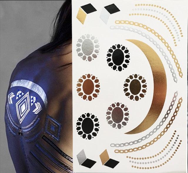Luxury Flash Metallic Waterproof Temporary Tattoo Gold Silver Flower Tattoo Sticker Long Lasting Gold Design For Womens