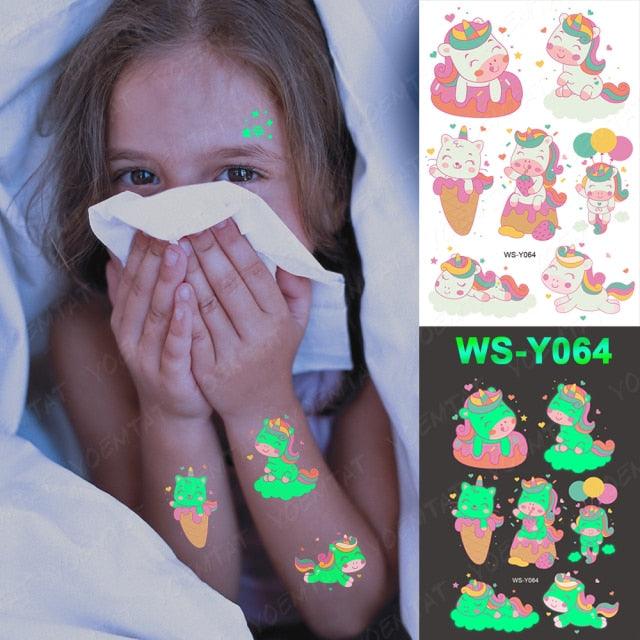 Luxury Luminous Tattoo Stickers Unicorn Stars Temporary Waterproof Luminous Fake Tattoos Stickers Dinosaur Butterfly For Children