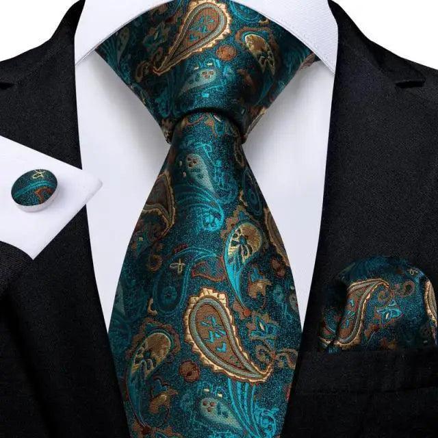 Luxury Men Silk Necktie Pocket Square Matching Handkerchief  Cufflinks Set Formal Design Printed Business Necktie For Men