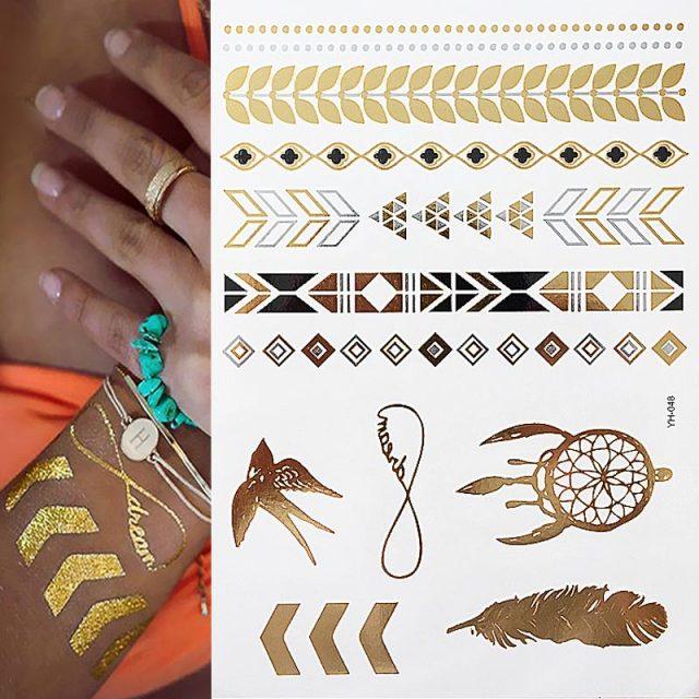 Luxury Metallic Gold Waterproof Temporary Tattoo Feather Elephant Fashion Different Design Tattoos For Womens