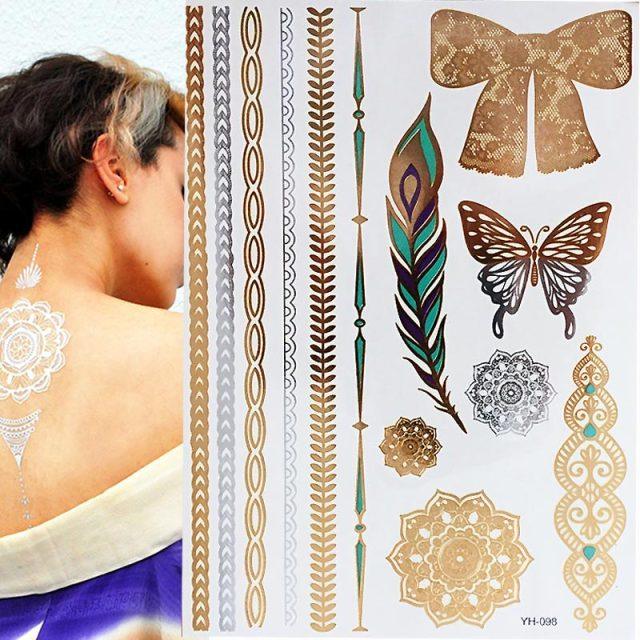 Luxury Metallic Gold Waterproof Temporary Tattoo Feather Elephant Fashion Different Design Tattoos For Womens