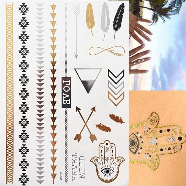 Luxury Metallic Gold Waterproof Temporary Tattoo Feather Elephant Fashion Different Design Tattoos For Womens