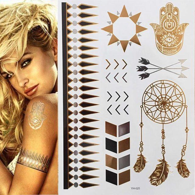 Luxury Metallic Gold Waterproof Temporary Tattoo Feather Elephant Fashion Different Design Tattoos For Womens