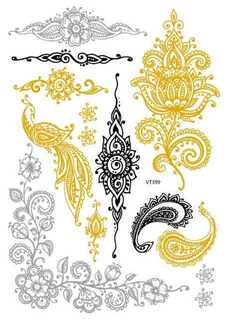 Luxury Metallic Temporary Tattoo Gold Silver Flower Sticker Long Lasting Gold Design For Womens