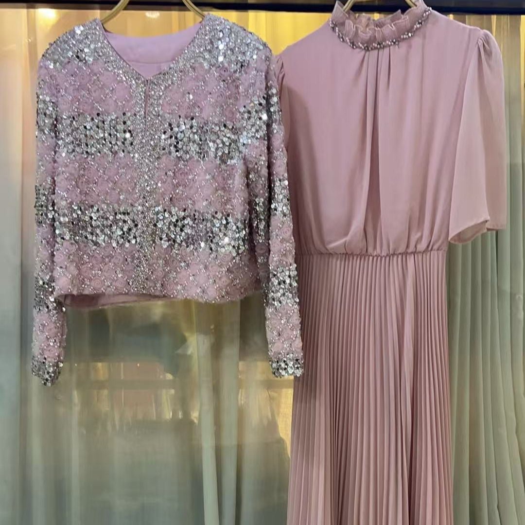 Luxury Pearl Beaded Diamond Grid Jacket & Pleated Dress Set(MS403)