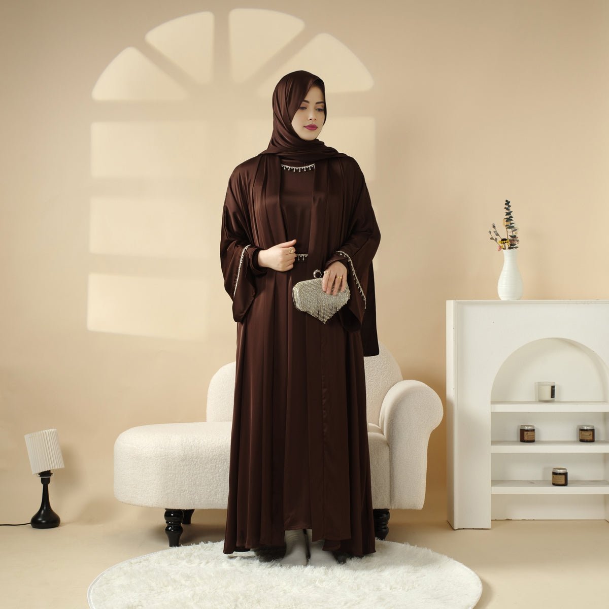 Luxury Satin Abaya With Diamond Tassels Belt,  6-Piece Set (MOA041)