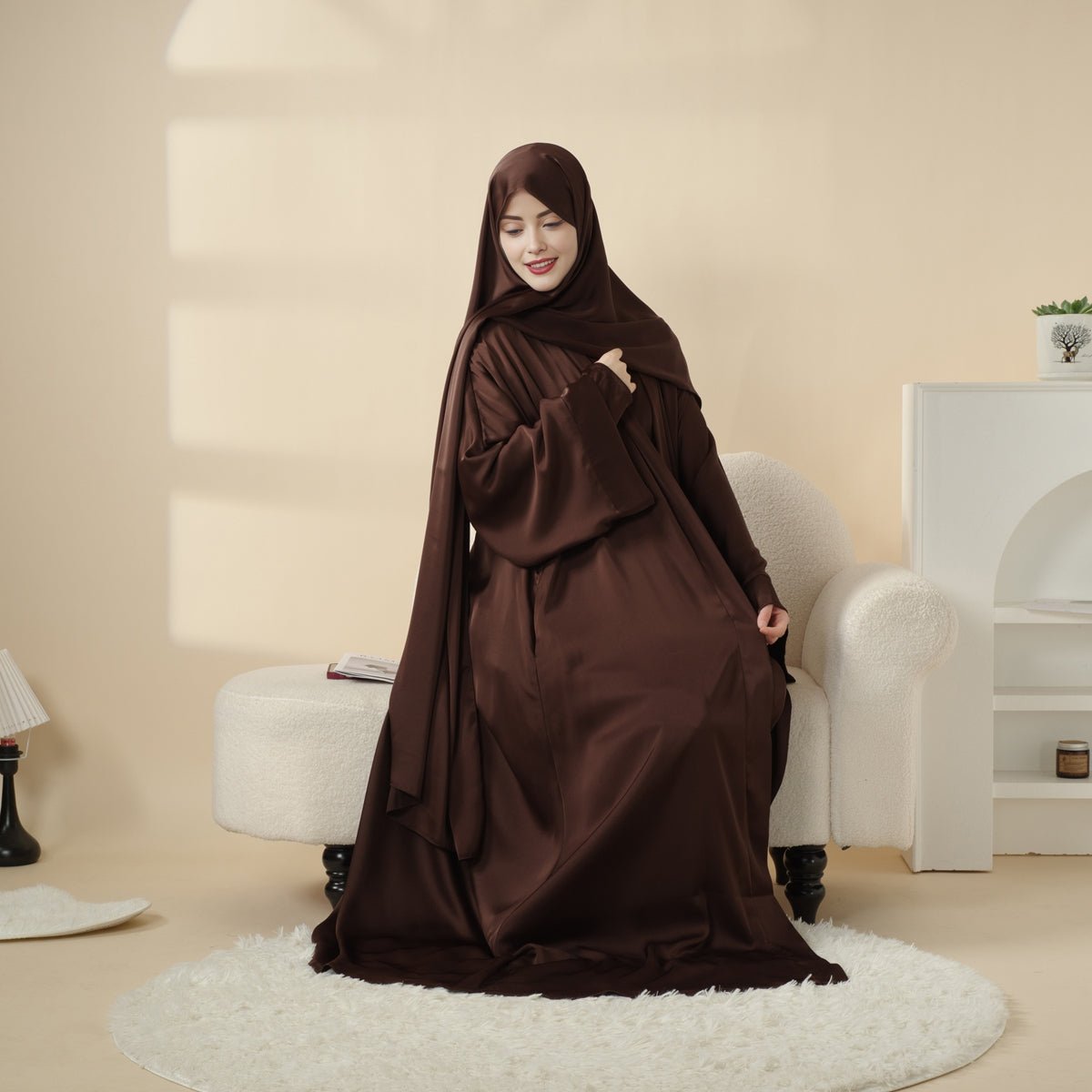 Luxury Satin Modest Abaya Set 4-Piece – Elegant Open Abaya, Top, Pants & Matching Hijab(MOA034)