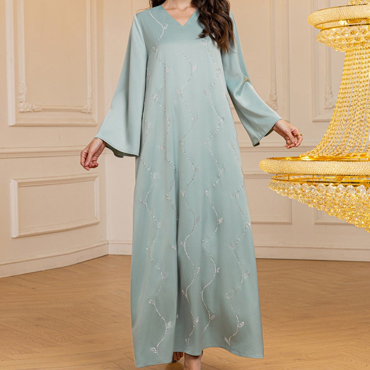 Luxury Textured Satin Diamond Embellished Robe Dress - High-End V-Neck Evening Gown with Flared Sleeves(MA276)
