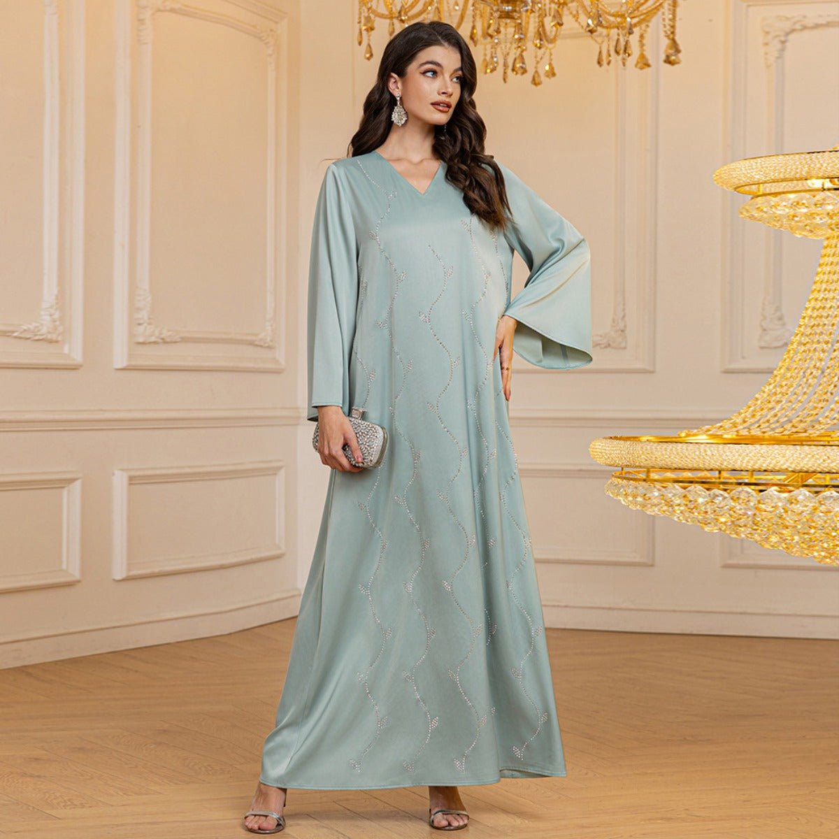 Luxury Textured Satin Diamond Embellished Robe Dress - High-End V-Neck Evening Gown with Flared Sleeves(MA276)