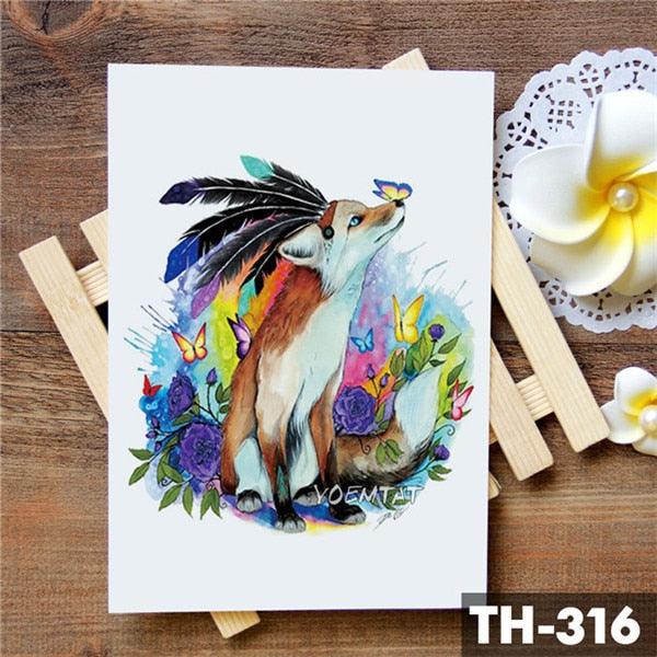 Luxury Waterproof Wolf Fox Temporary Watercolor Tattoo Sticker Modern 3D Animals Tattoos
