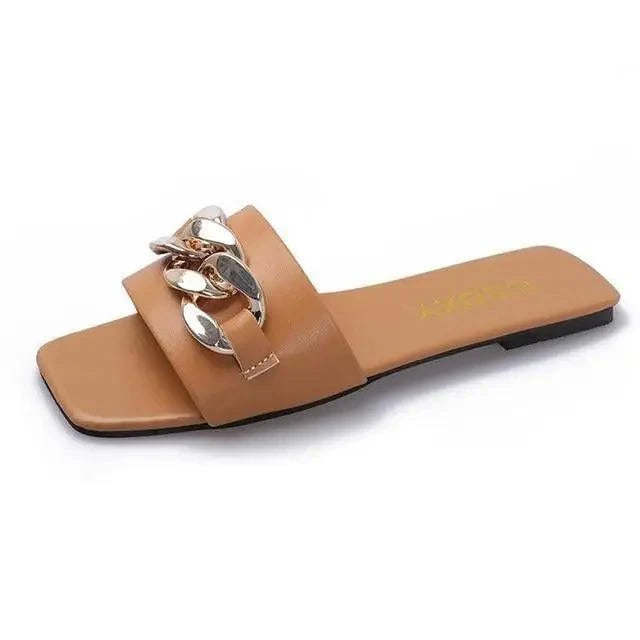 Luxury Women Summer Slipper Square Toe Chain Slippers Fashion Open Toe Metal Chain Beach Shopping Party Flip Flops For Women
