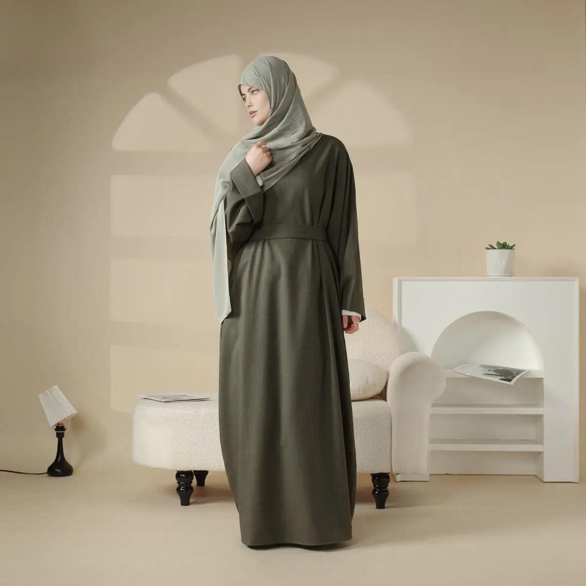 Linen Plain Abaya with Pockets 2-Piece Set (MA043)