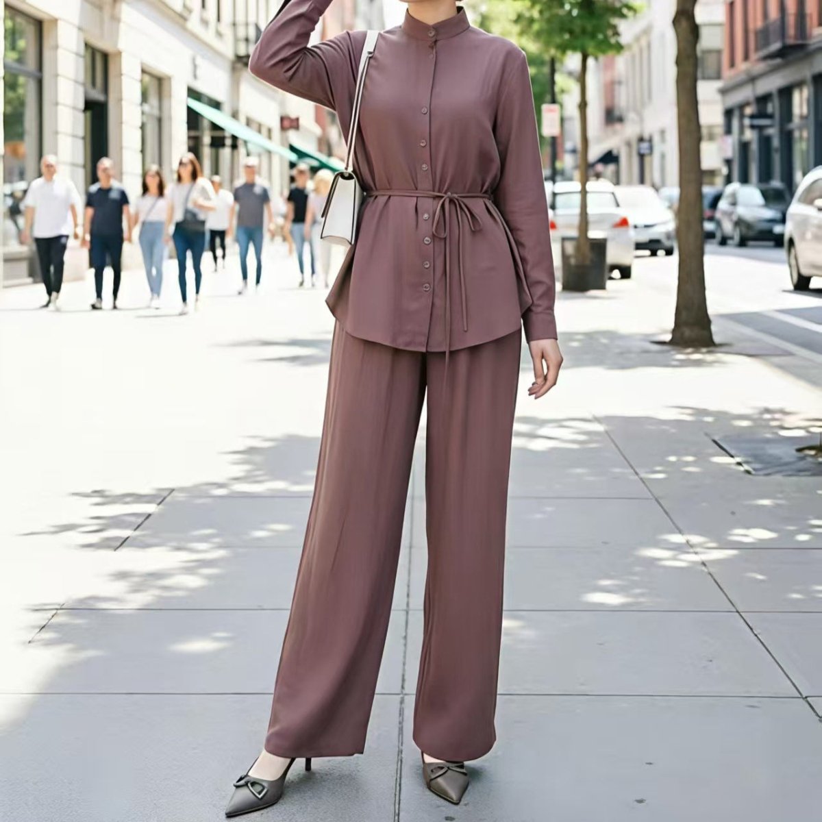 Mandarin Collar Drop-Shoulder Button Top & Wide-Leg Trouser Set(MS462)