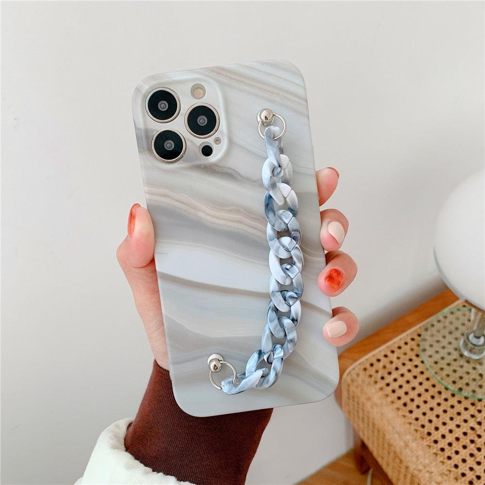 Marble Wriststrap Bracelet Chain Phone Case For iPhone 14 13 Pro Max 12 11 XS XR X 7 8 Plus SE 2020 Silicone Back Cover Colorful Silicone Fashion Pattern Ultra Thin Slim Bumper Shockproof Protective Case with Chain Wrist Strap Marble Iphone Case