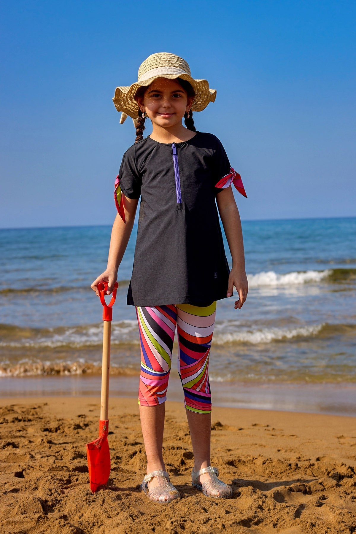 Marina UPF50+ Protective Girls Modest Swimsuit – Black Rainbow C2507