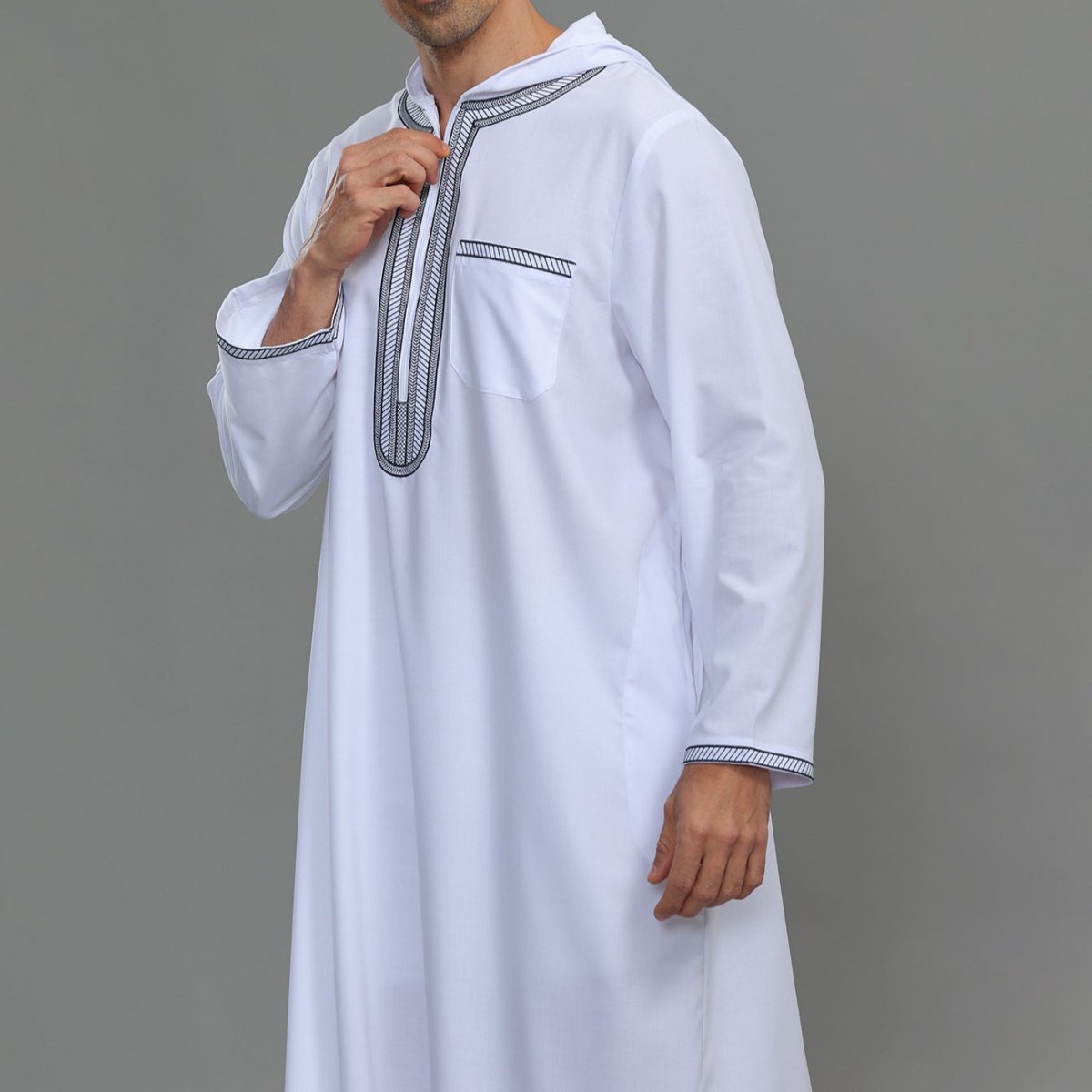 Men's Hooded Embroidered Thobe with Pockets (MT037)